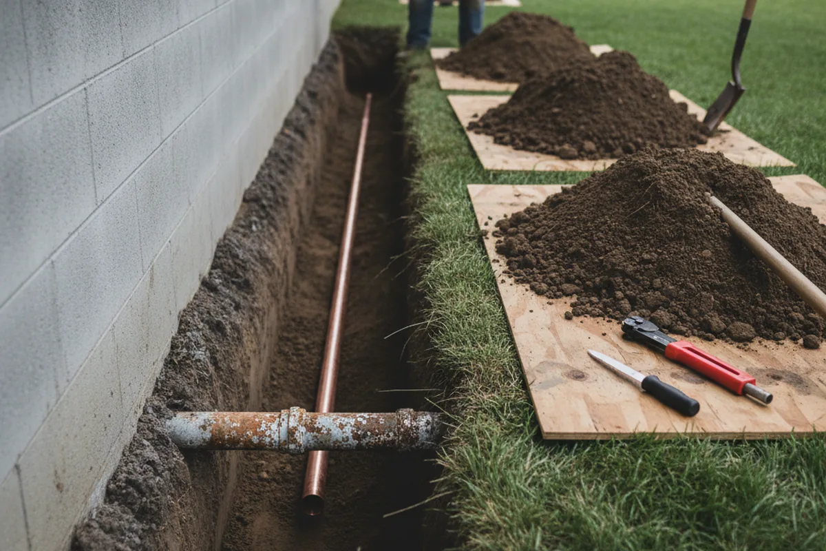 Excavated water line trench during Water Heater Repair in South Jordan